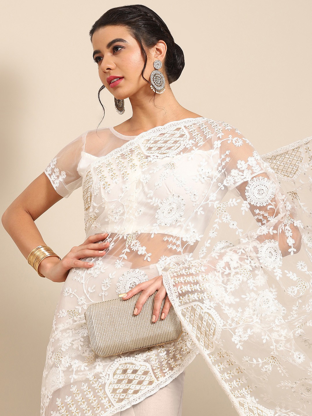 

all about you Off White Floral Embroidered Net Saree