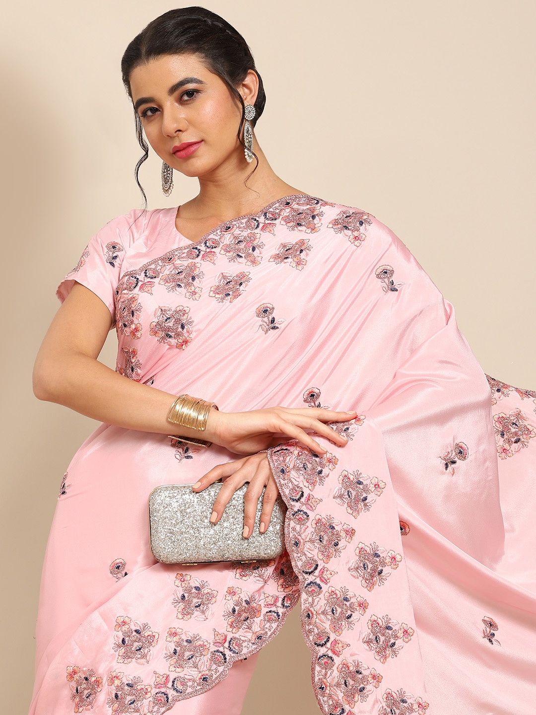 

all about you Peach-Coloured Floral Embroidered Saree