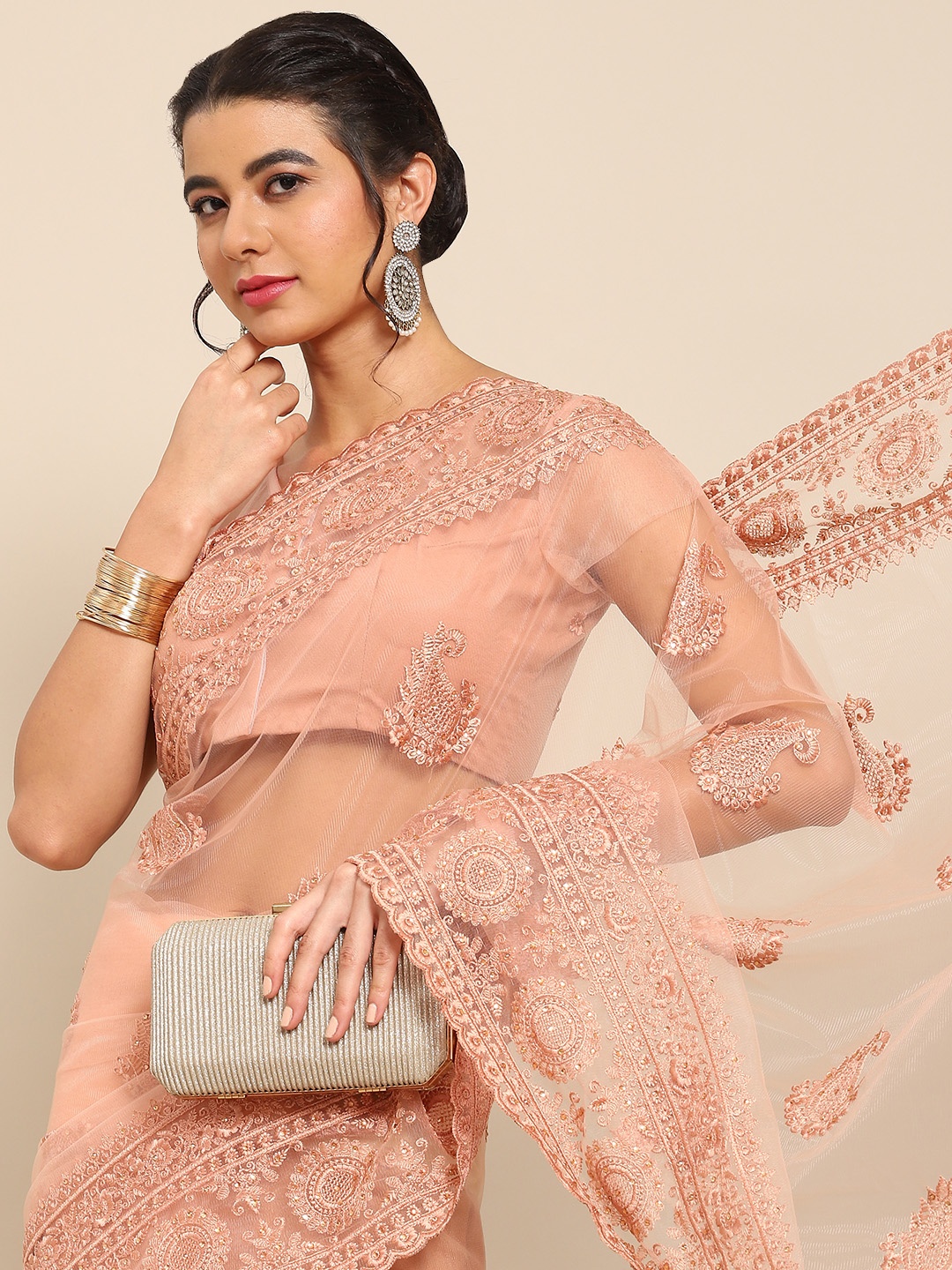 

all about you Peach-Coloured Floral Embroidered Net Saree