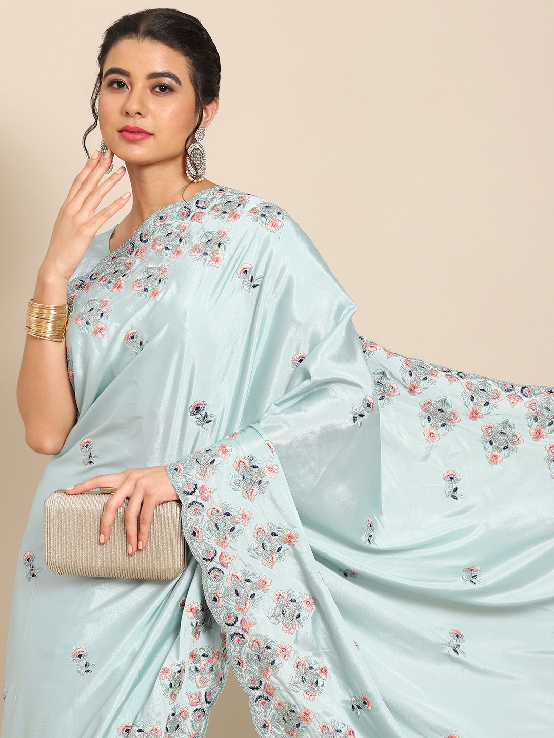 

all about you Blue Floral Embroidered Saree