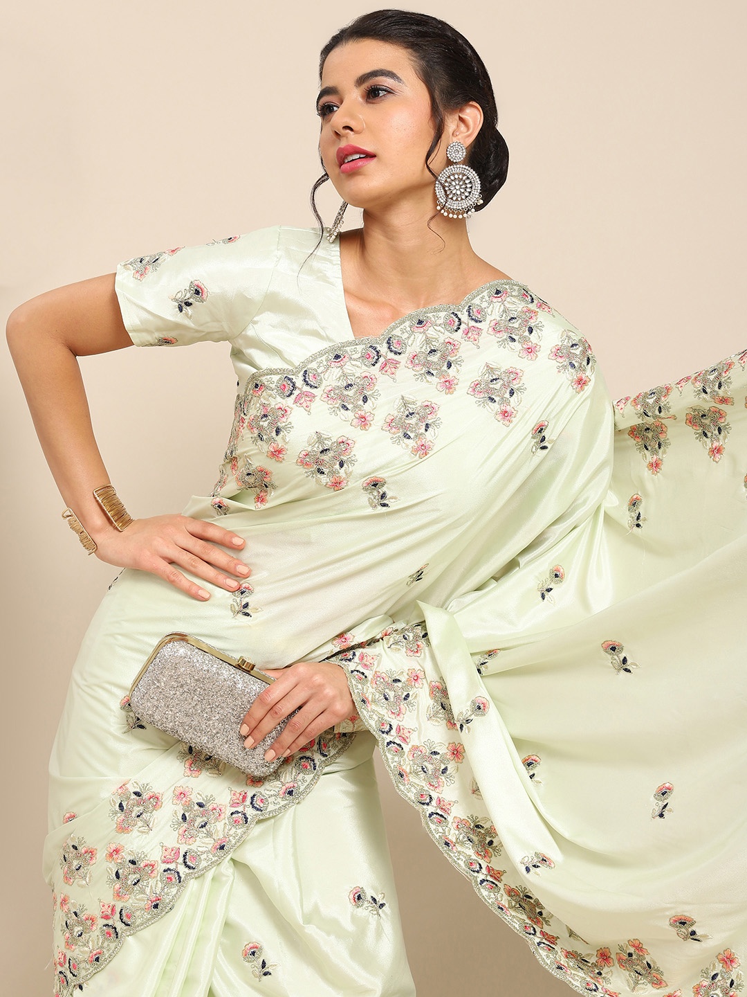 

all about you Green Floral Embroidered Saree