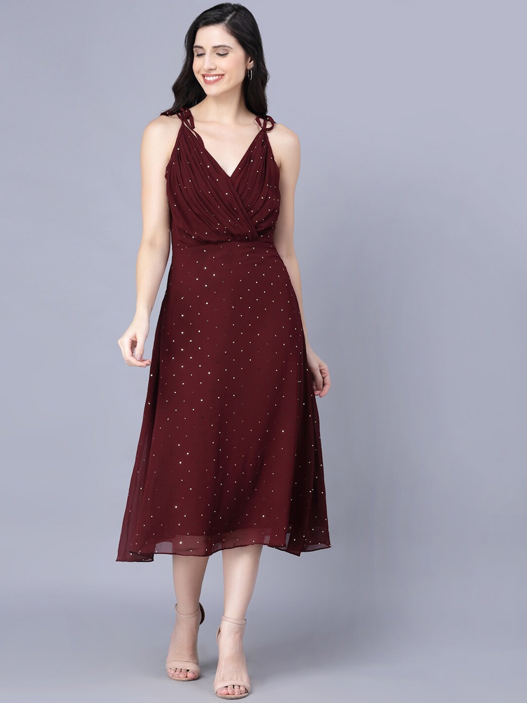 

Myshka Maroon Georgette A-Line Midi Dress