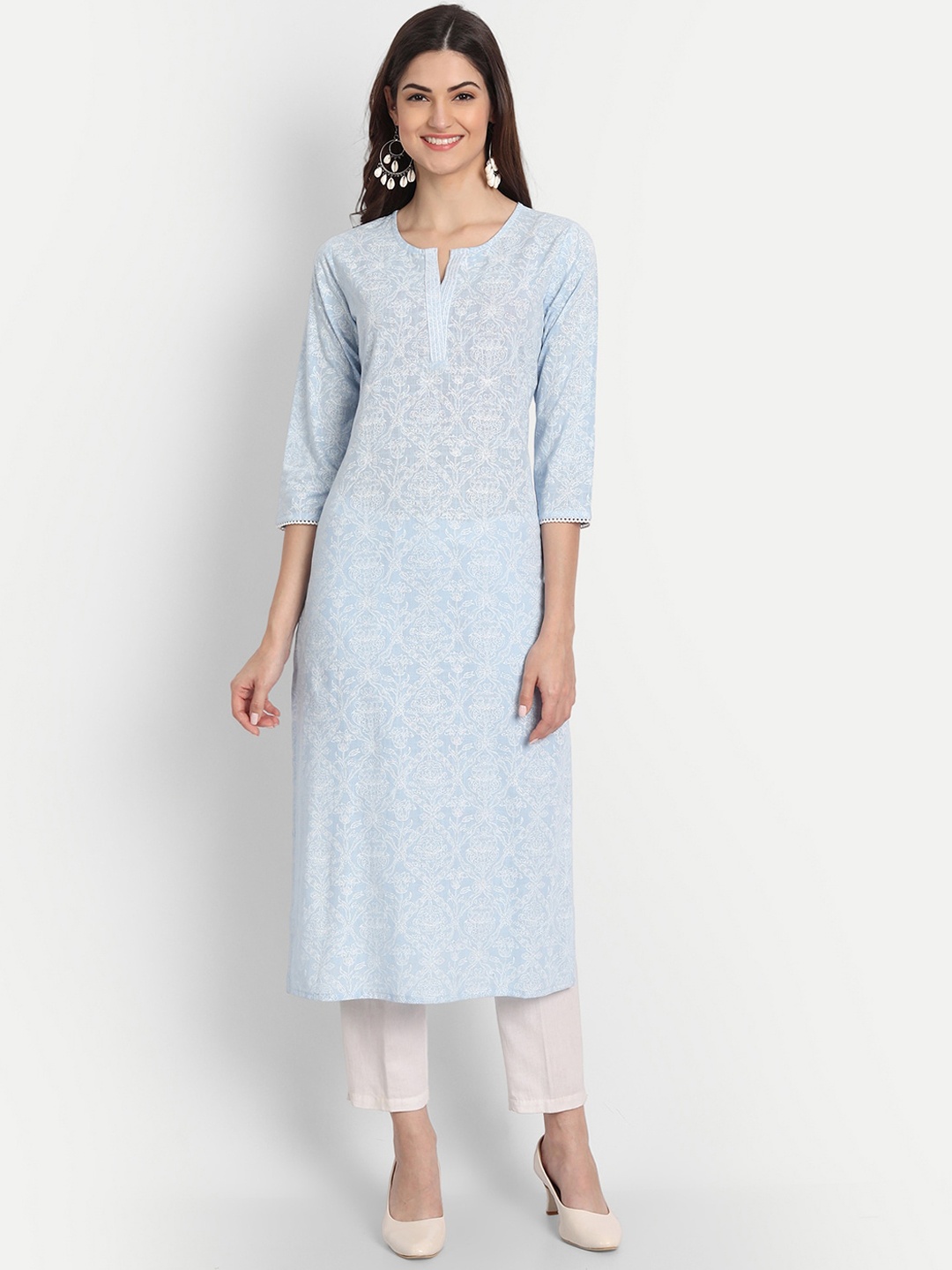 

fabGLOBAL Women Blue Ethnic Motifs Straight Kurta
