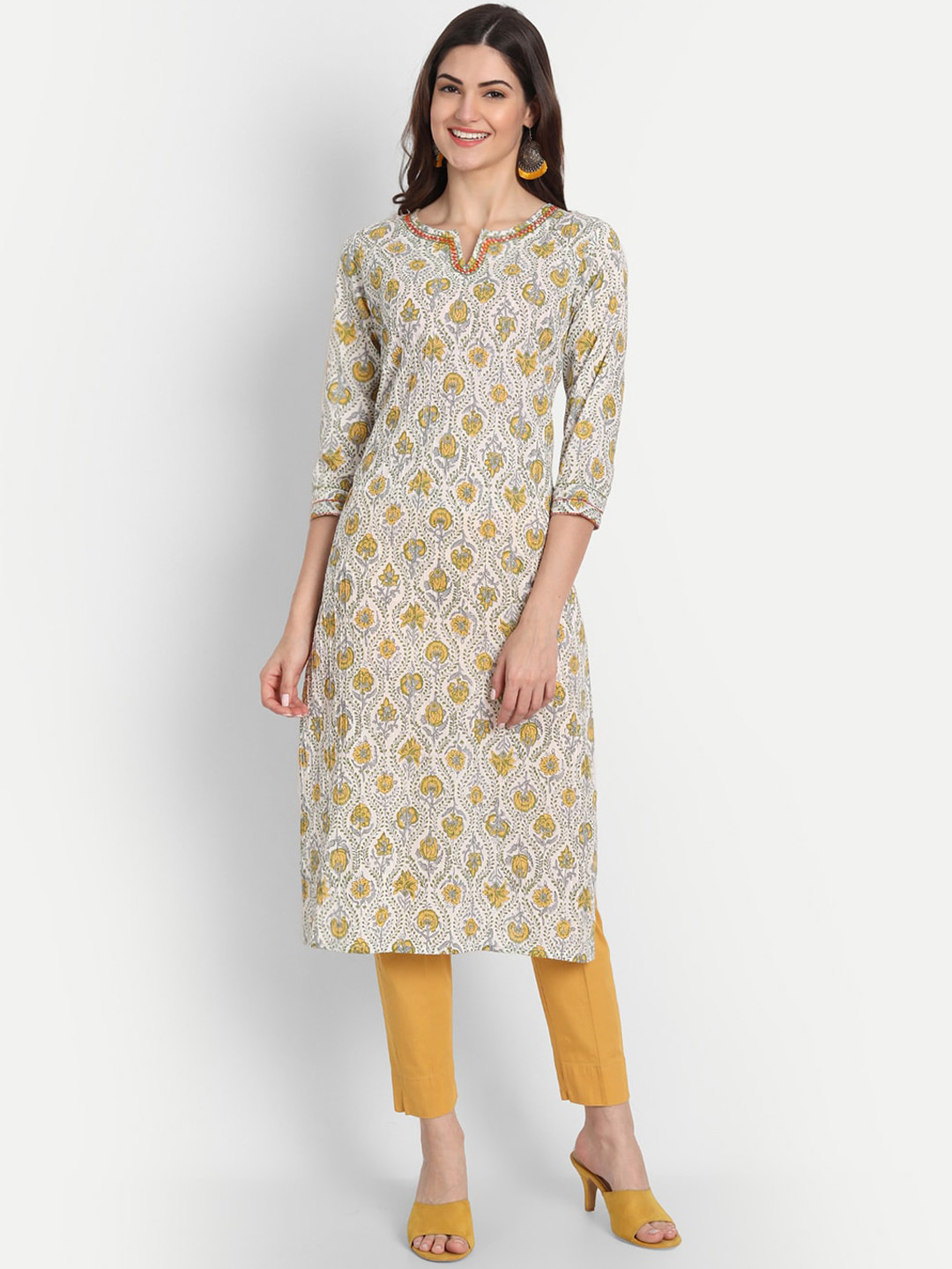 

fabGLOBAL Women Olive Green Ethnic Motifs Printed Kurta