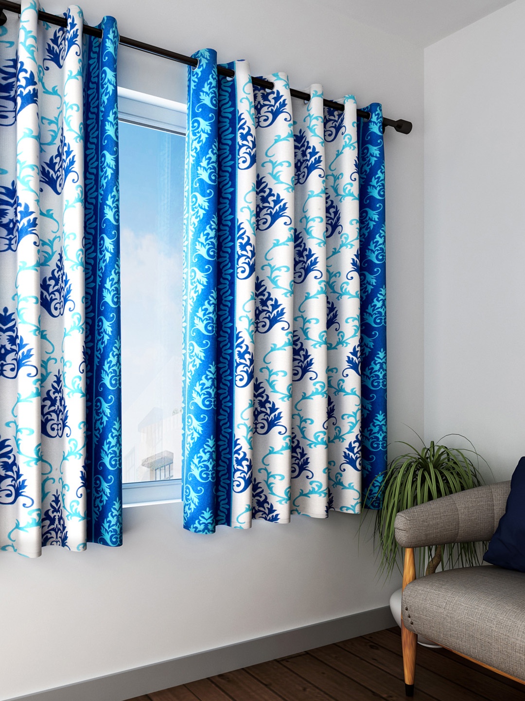 Cortina Off-White & Blue Set of 2 Ethnic Print Window Curtains