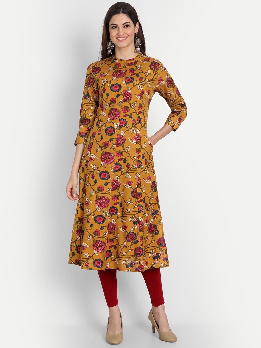 

fabGLOBAL Women Mustard Yellow Floral Printed Kurta