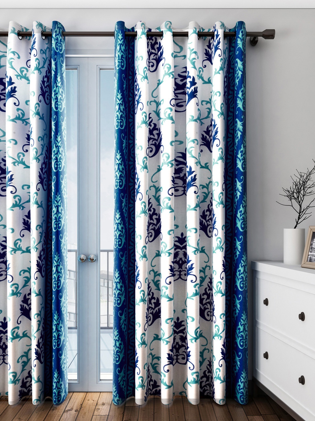 Cortina Off-White & Blue Set of 2 Ethnic Print Door Curtains