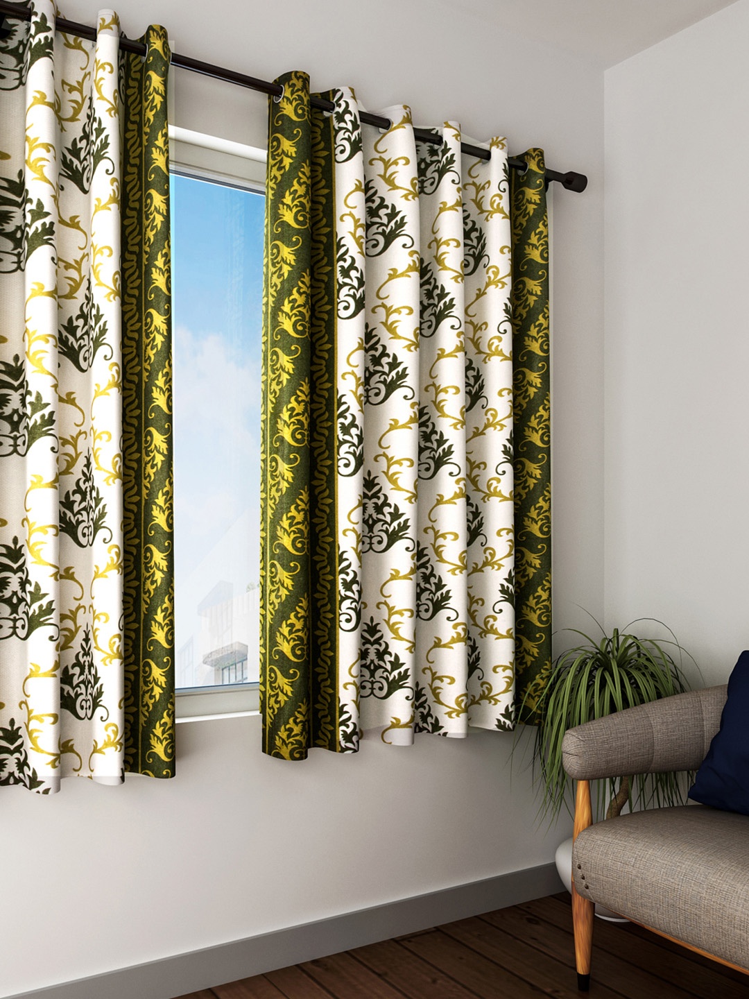 Cortina Off-White & Green Set of 2 Ethnic Print Window Curtains