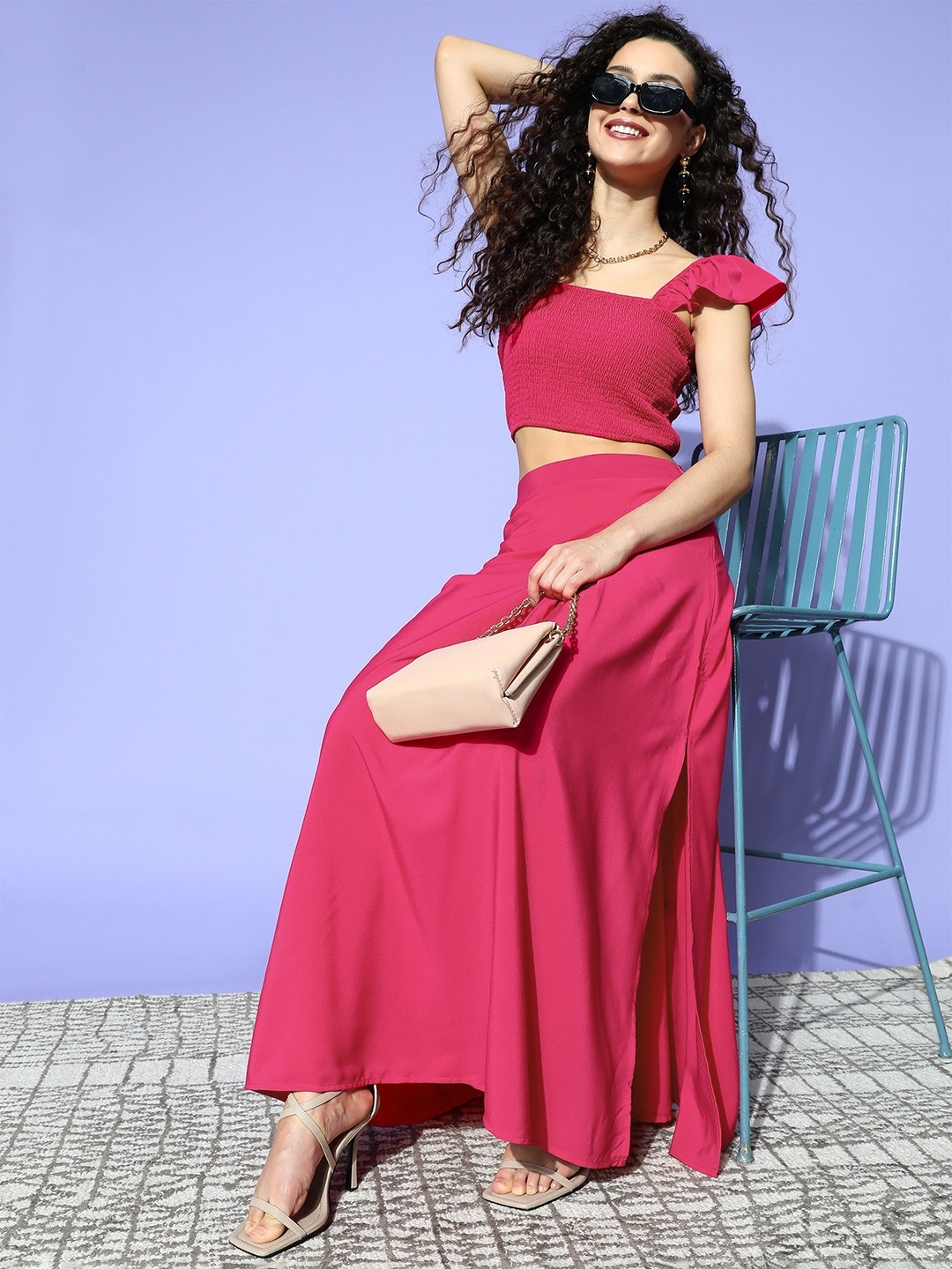 

Berrylush Women Pink Solid Top with Skirt