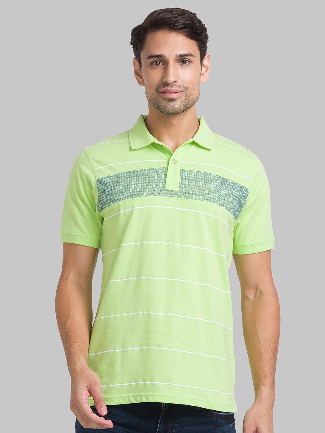 

Raymond Men Green Striped Polo Collar T-shirt