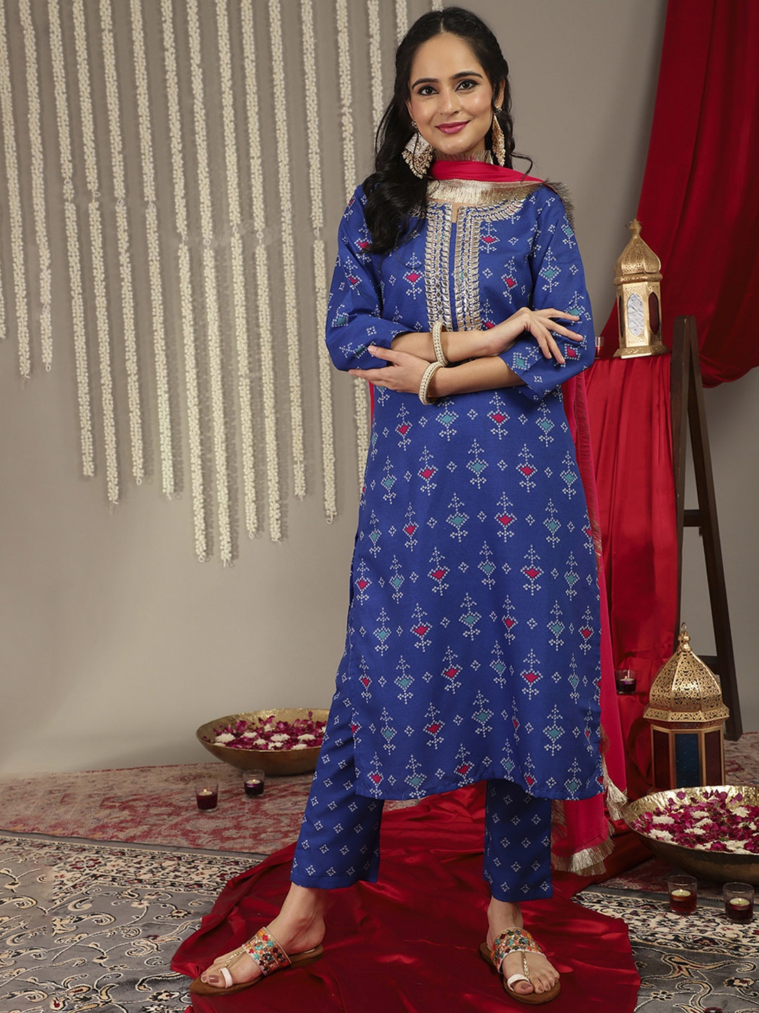 

Varanga Women Blue Bandhani Printed Gotta Patti Kurta with Trousers & Dupatta