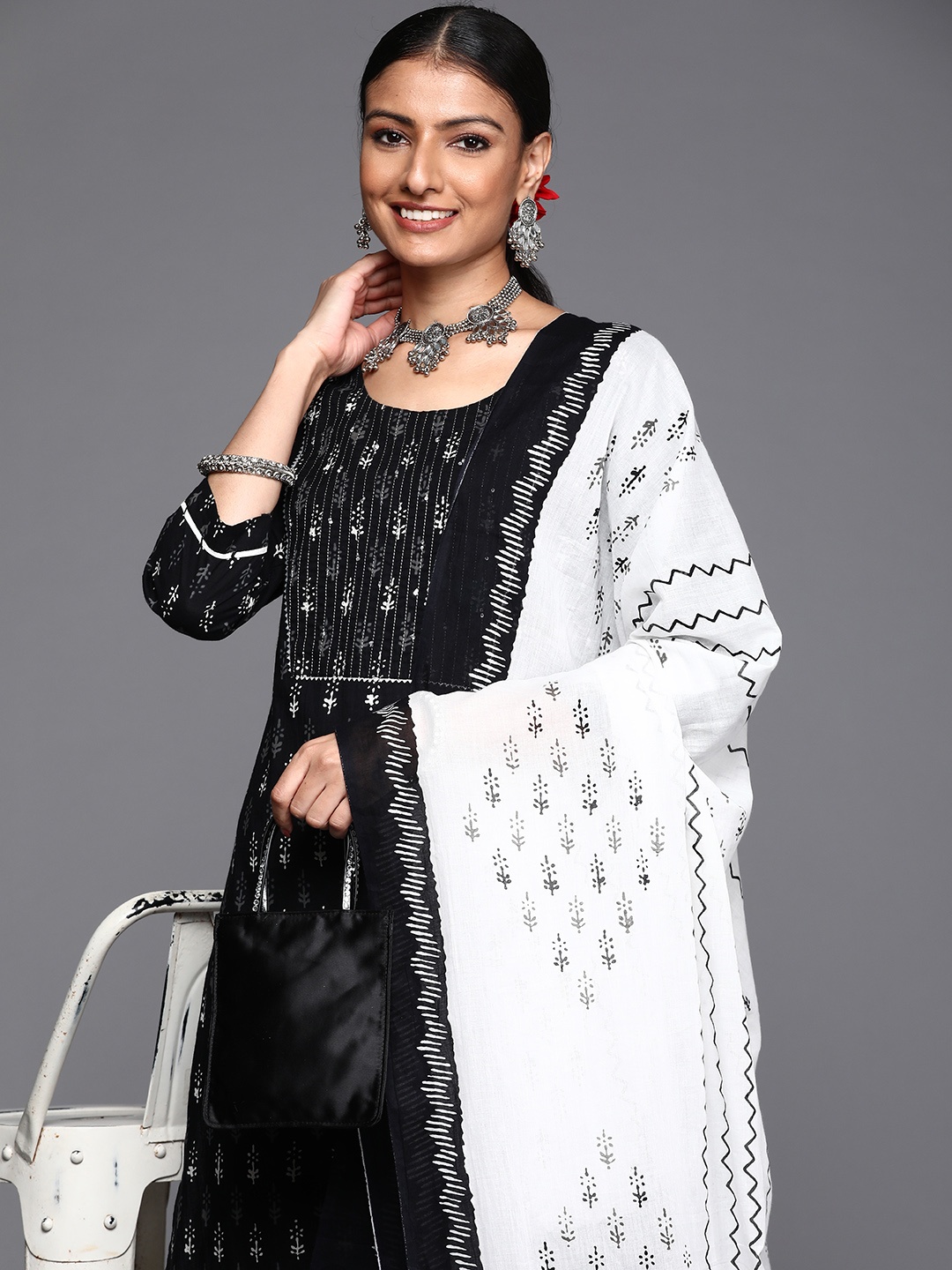 

Varanga Women Black Ethnic Motifs Printed Pure Cotton Kurta with Trousers & Dupatta