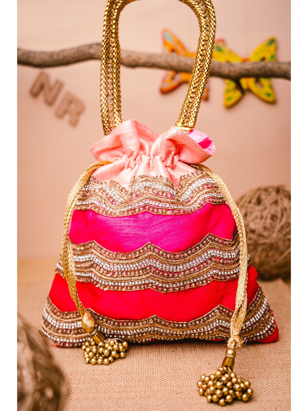 

NR By Nidhi Rathi Pink & White Embroidered Potli Clutch