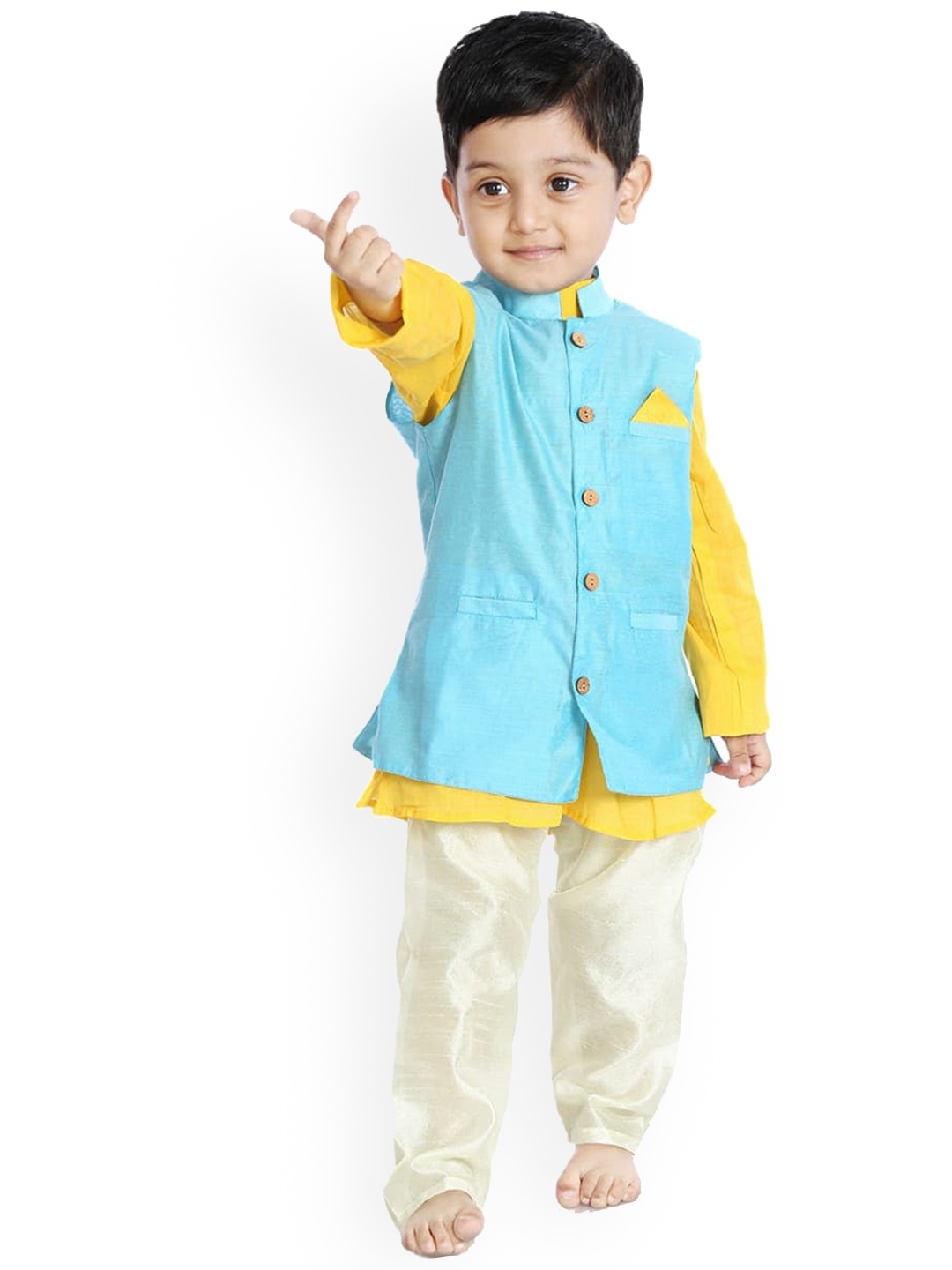 

Biglilpeople Boys Yellow Kurta with Pyjamas & Jacket