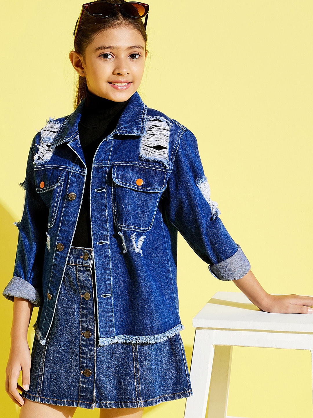 

Noh Voh - SASSAFRAS Kids Girls Navy Blue Washed Longline Denim Jacket