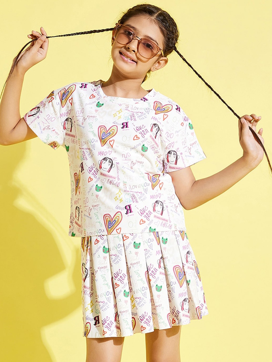 

Noh Voh - SASSAFRAS Kids Girls Printed T-shirt with Skirt, White
