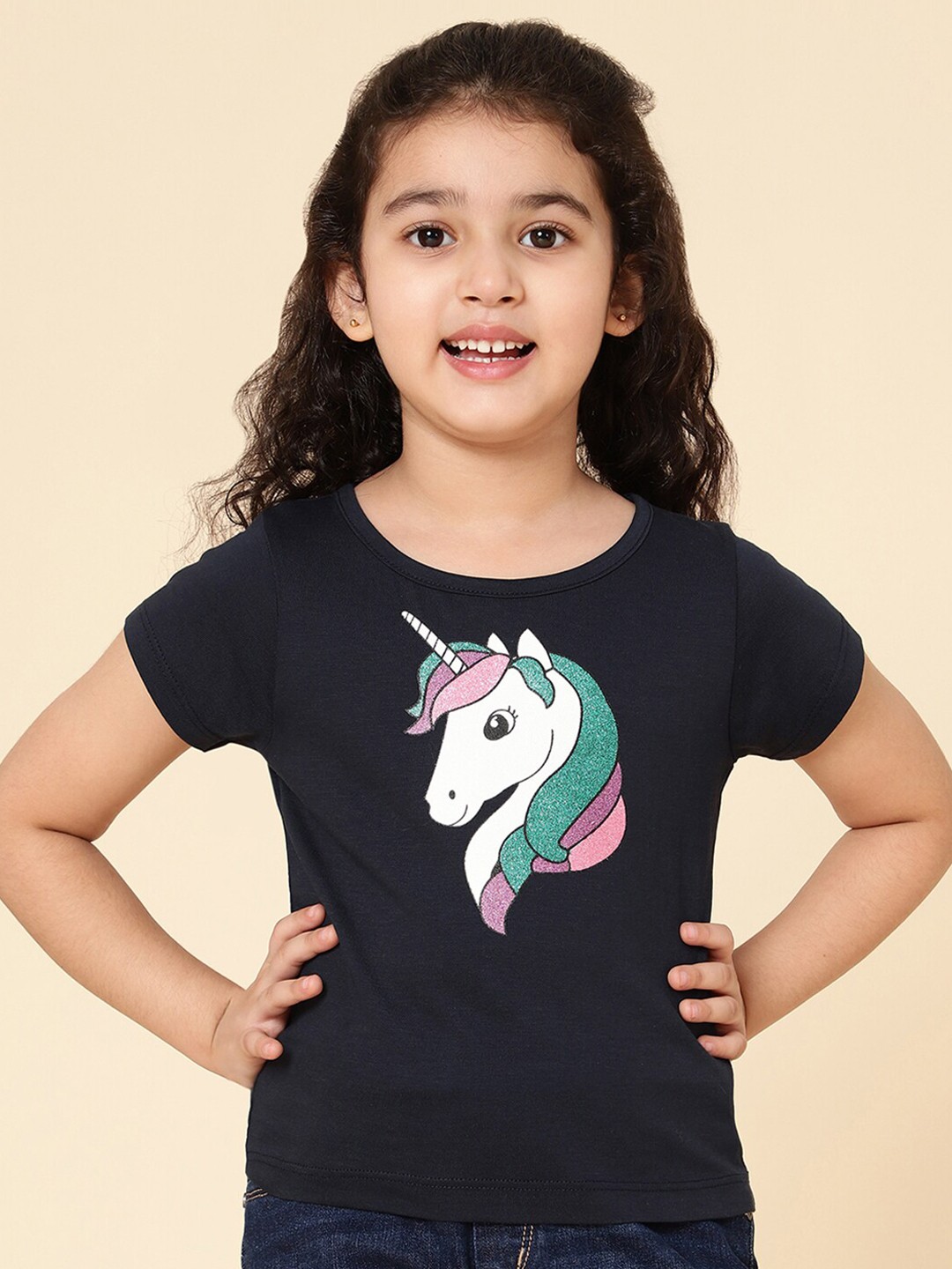 

A.T.U.N. Girls Navy Blue Printed Cotton T-shirt