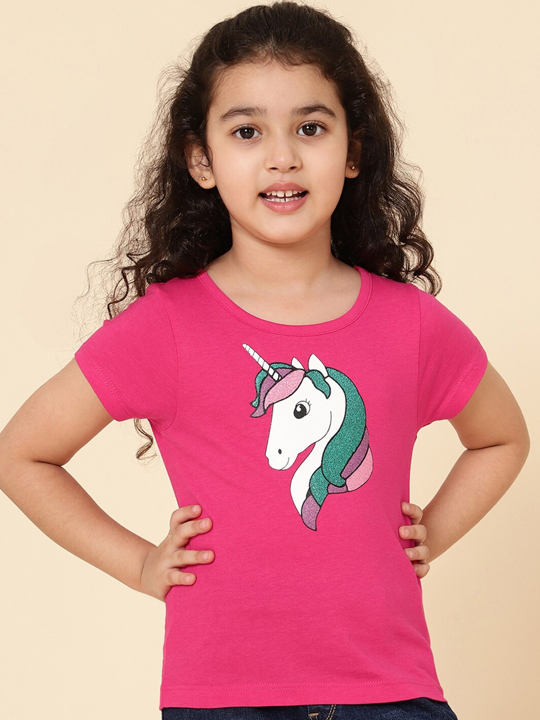 

A T U N Girls Pink Printed Pure Cotton T-shirt