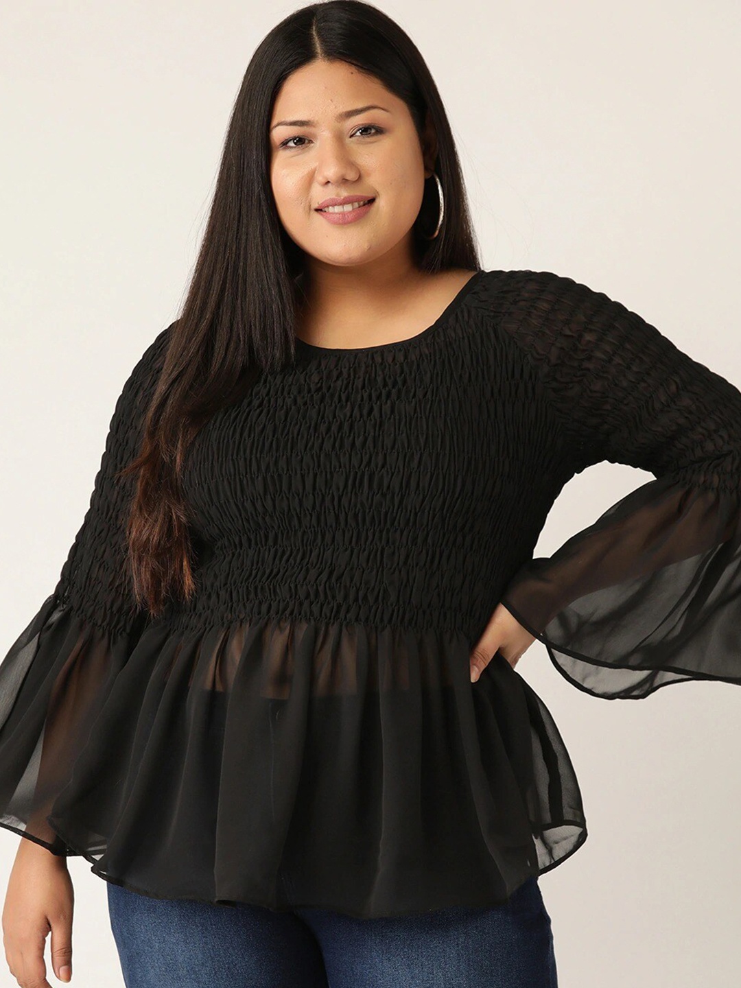 

theRebelinme Plus Size Black Georgette Peplum Top