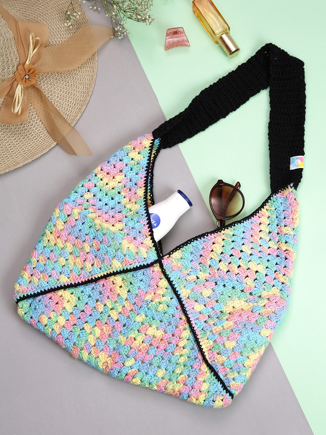

Magic Needles Green & Pink Self Design Crochet Shopper Shoulder Bag