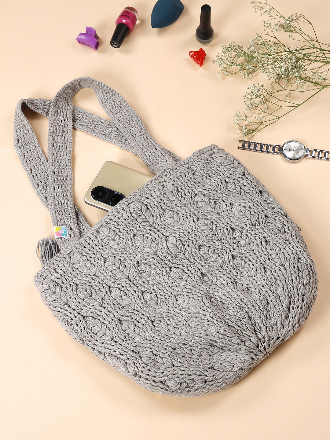 

Magic Needles Grey Pure Cotton Crochet Shopper Shoulder Bag