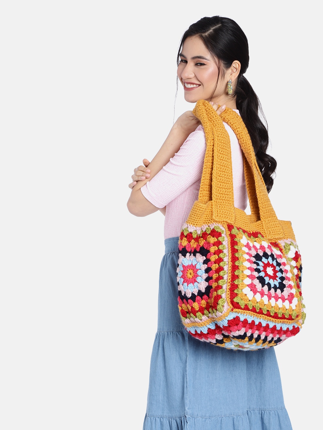 

Magic Needles Mustard Yellow & White Shopper Shoulder Bag