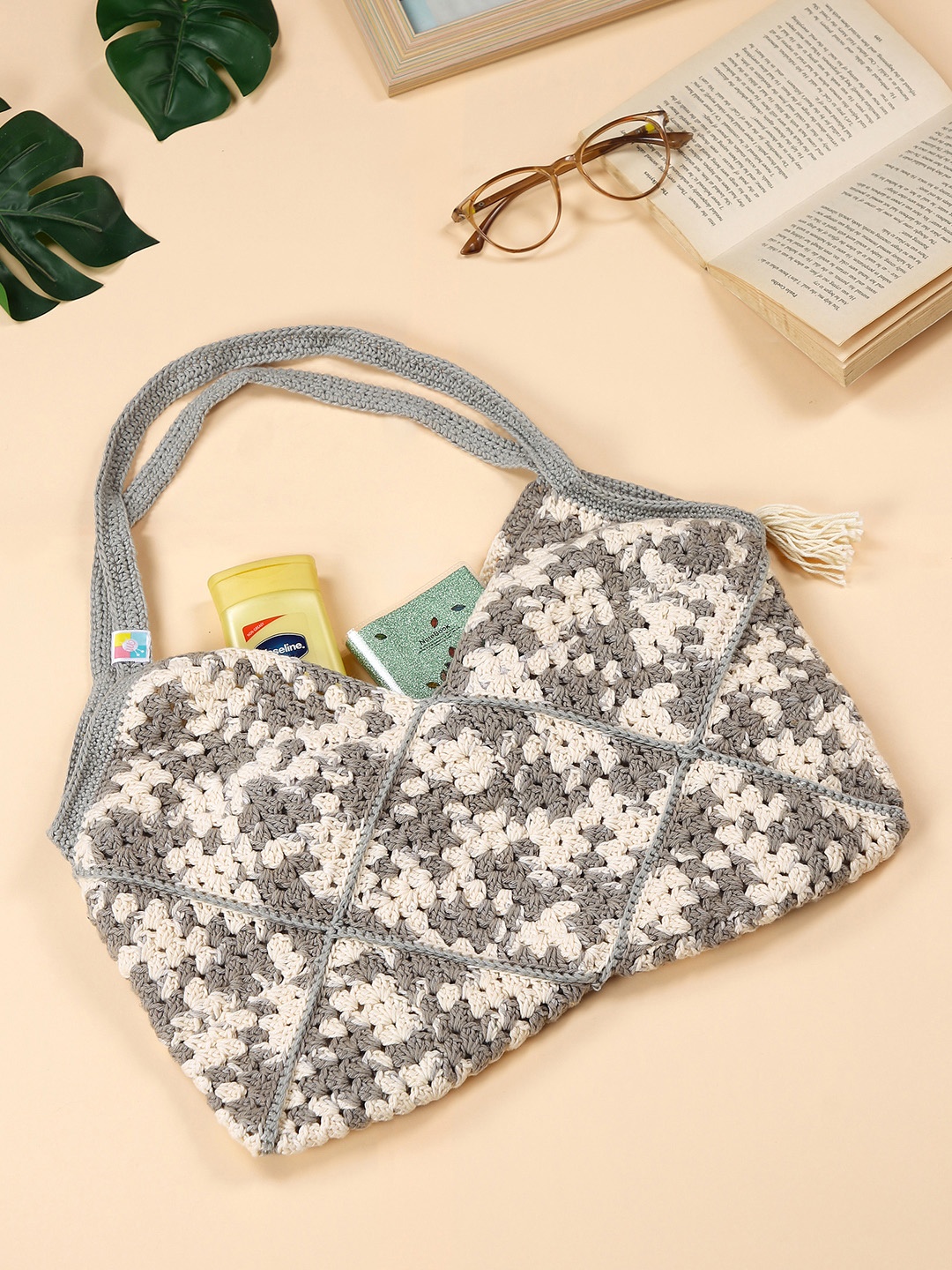 

Magic Needles Cream-Coloured & Grey Crochet Shopper Shoulder Bag