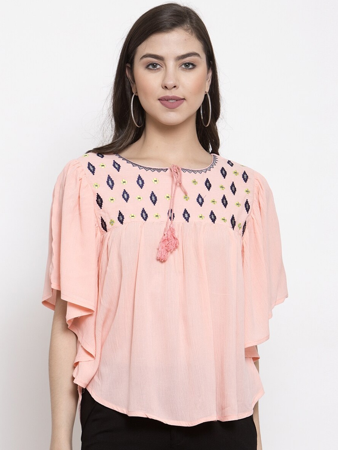 

Purple State Women Peach-Coloured Floral Embroidered Tie-Up Neck Top