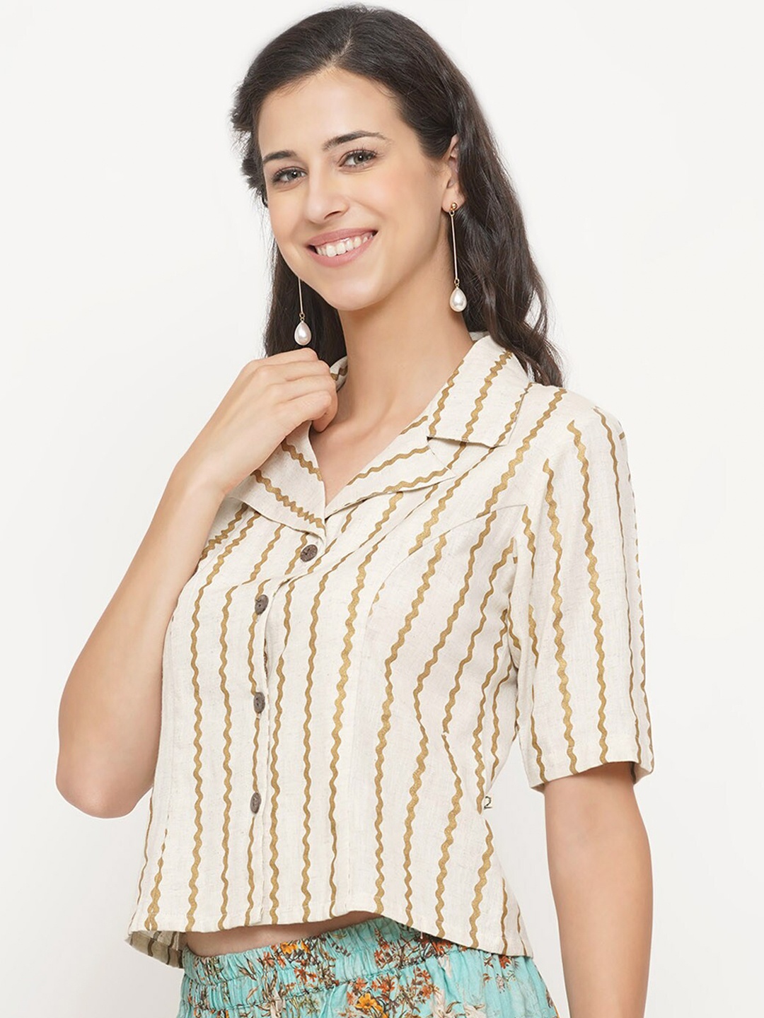 

FABNEST Beige Print Shirt Style Top