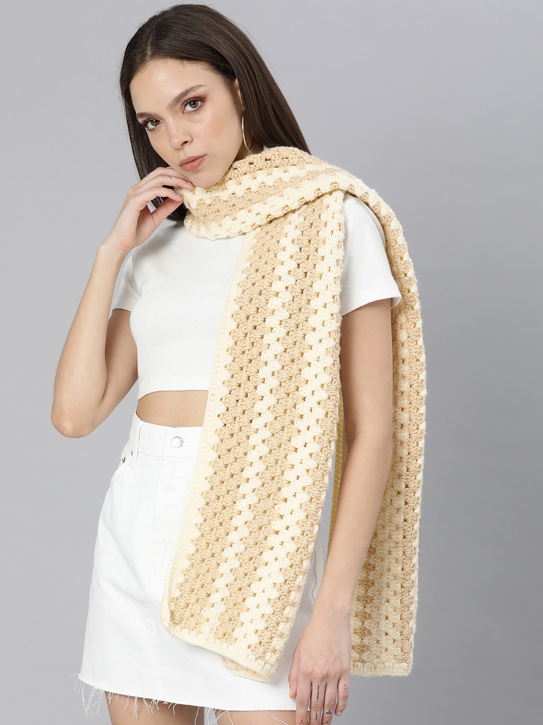 

Magic Needles Women Cream-Coloured Self Design Scarf