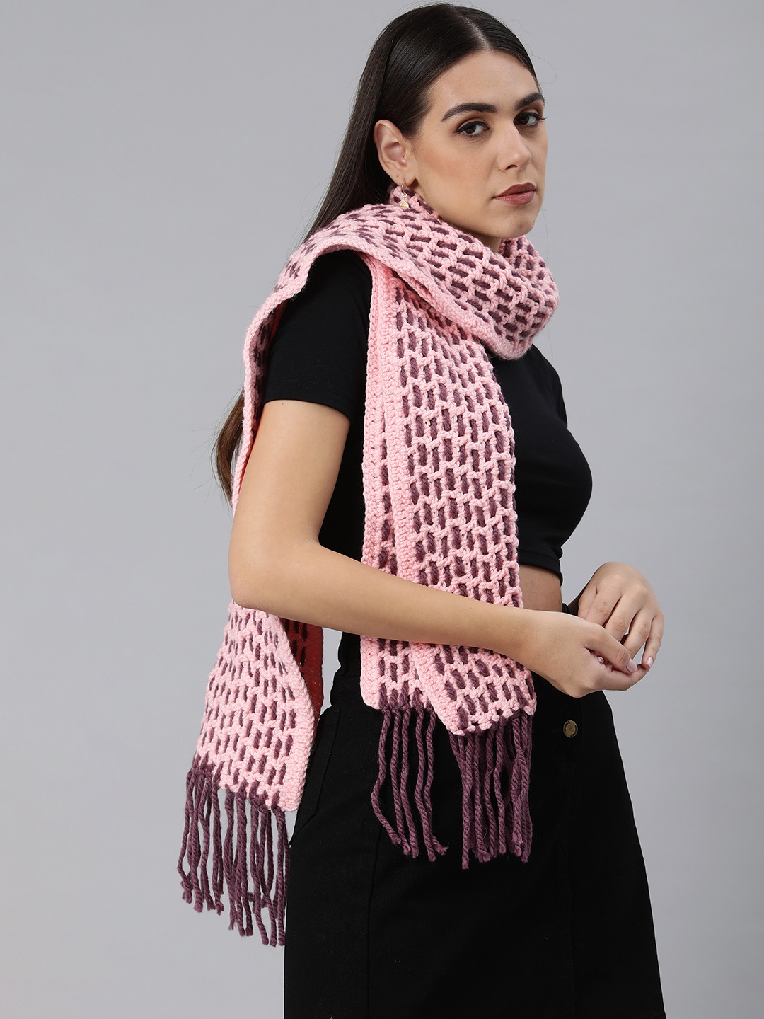 

Magic Needles Women Peach-Coloured & Mauve Crochet Scarf