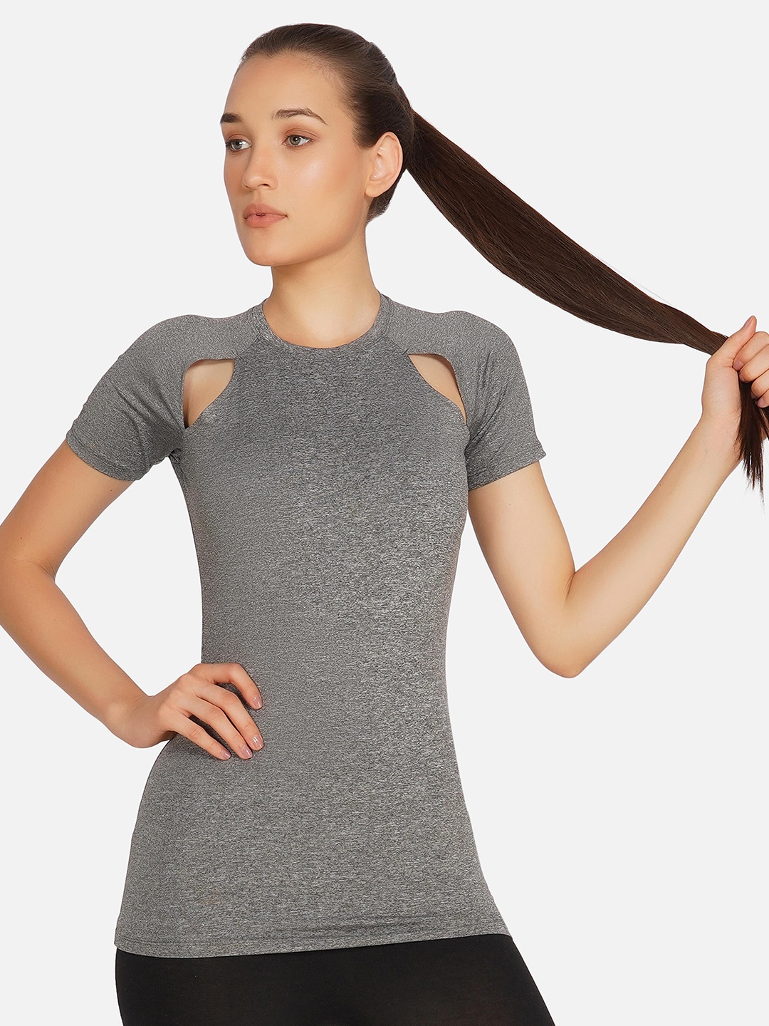 

NEU LOOK FASHION Women Grey Drop-Shoulder Sleeves Applique T-shirt