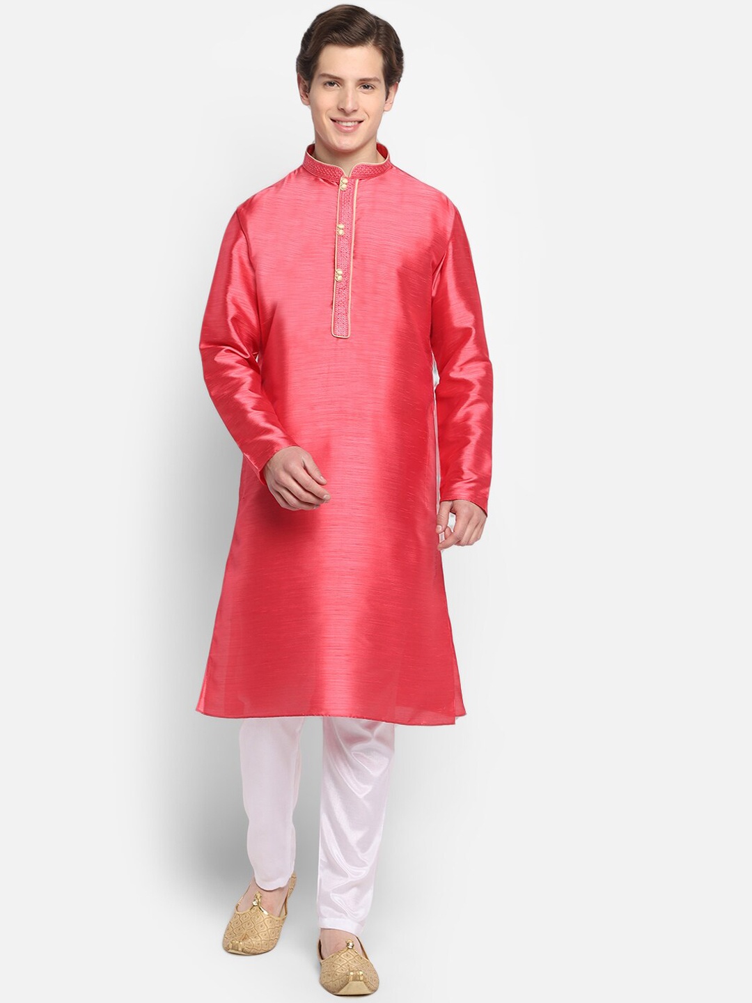 

DEVOILER Men Red & Gold-Toned Thread Work Kurta