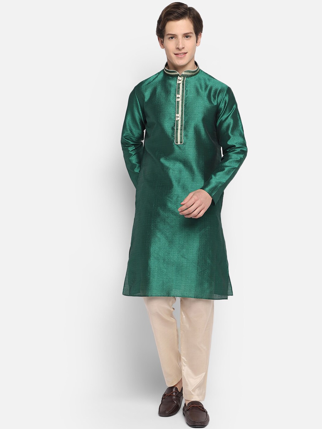 

DEVOILER Men Green Thread Work Kurta