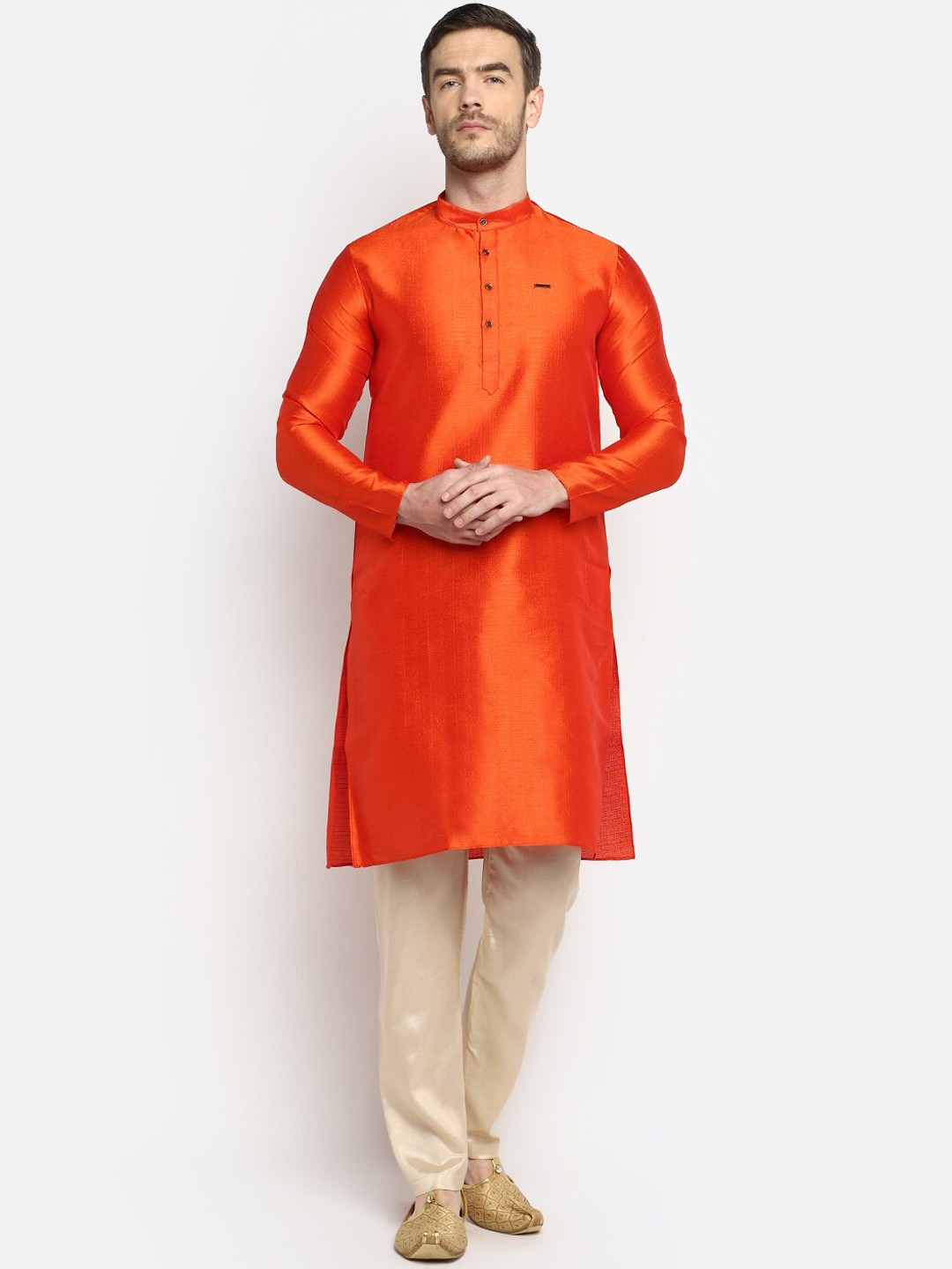 

DEVOILER Men Orange Silk Straight Kurta