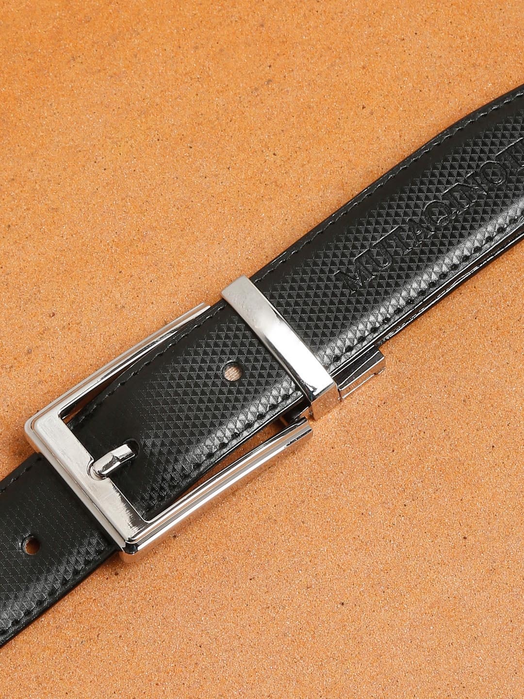 

MUTAQINOTI Men Black Textured PU Reversible Formal Belt