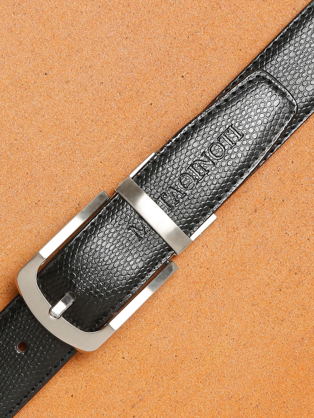 

MUTAQINOTI Men Black Textured PU Formal Reversible Belt
