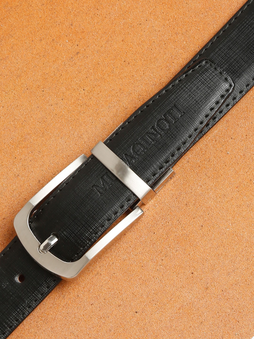

MUTAQINOTI Men Black Textured Reversible PU Formal Belt
