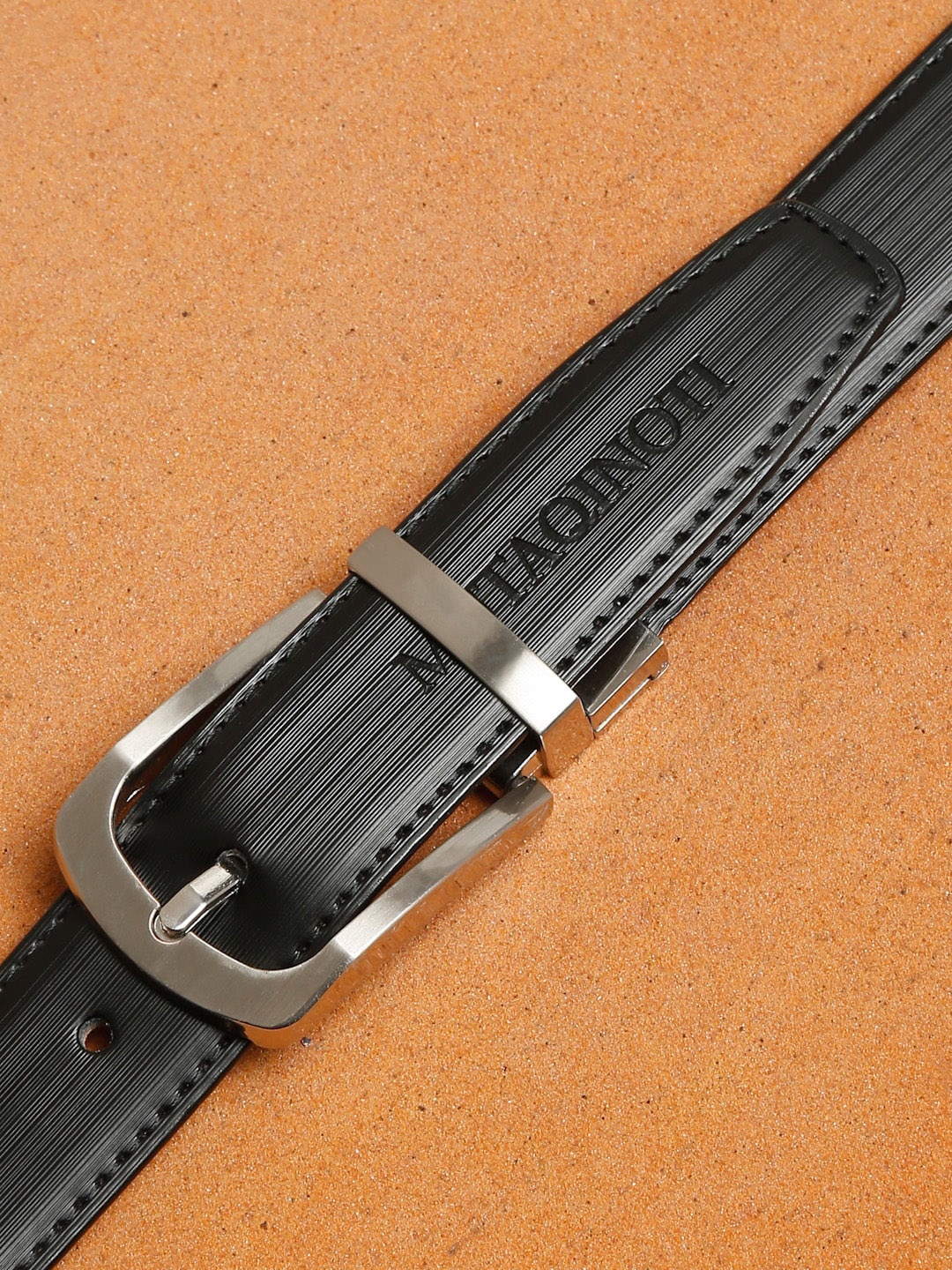 

MUTAQINOTI Men Black Textured PU Formal Belt