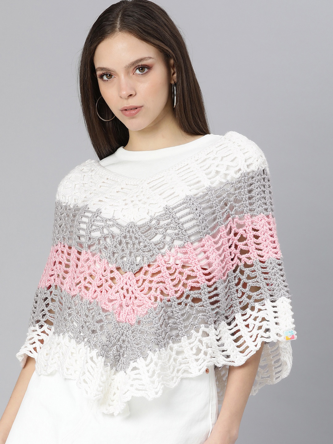 

Magic Needles Women White & Grey Striped Poncho