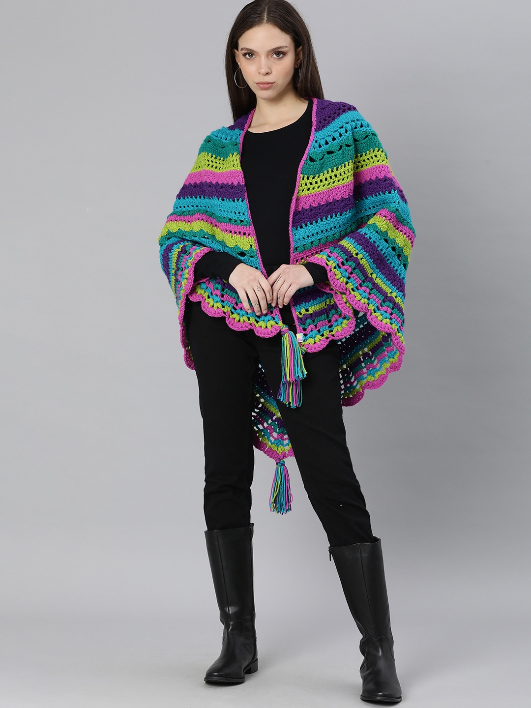 

Magic Needles Women Blue & Green Striped Front-Open Poncho Style Sweater