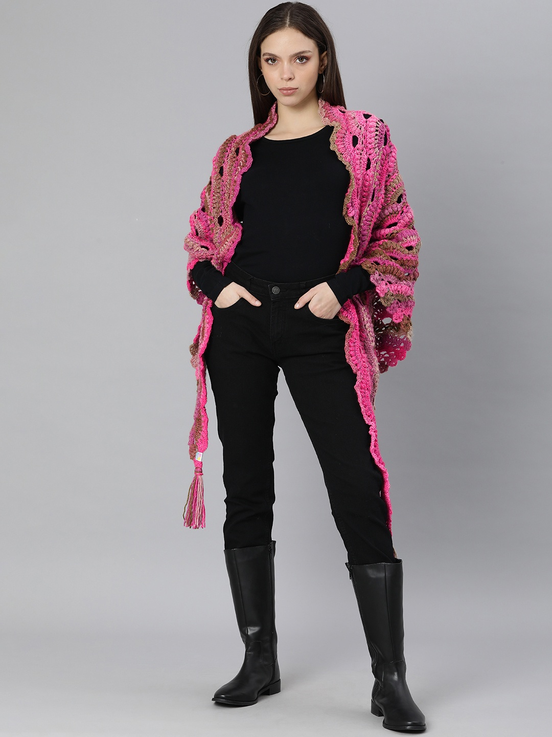 

Magic Needles Women Pink Front-Open Poncho Style Sweater