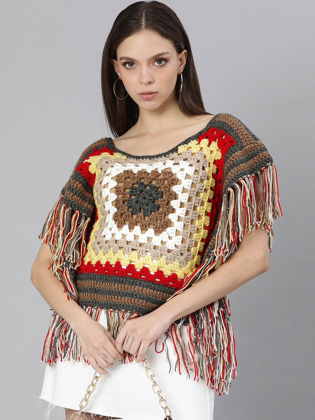 

Magic Needles Women Beige & Red Self Design Pullover with Fringed Detail