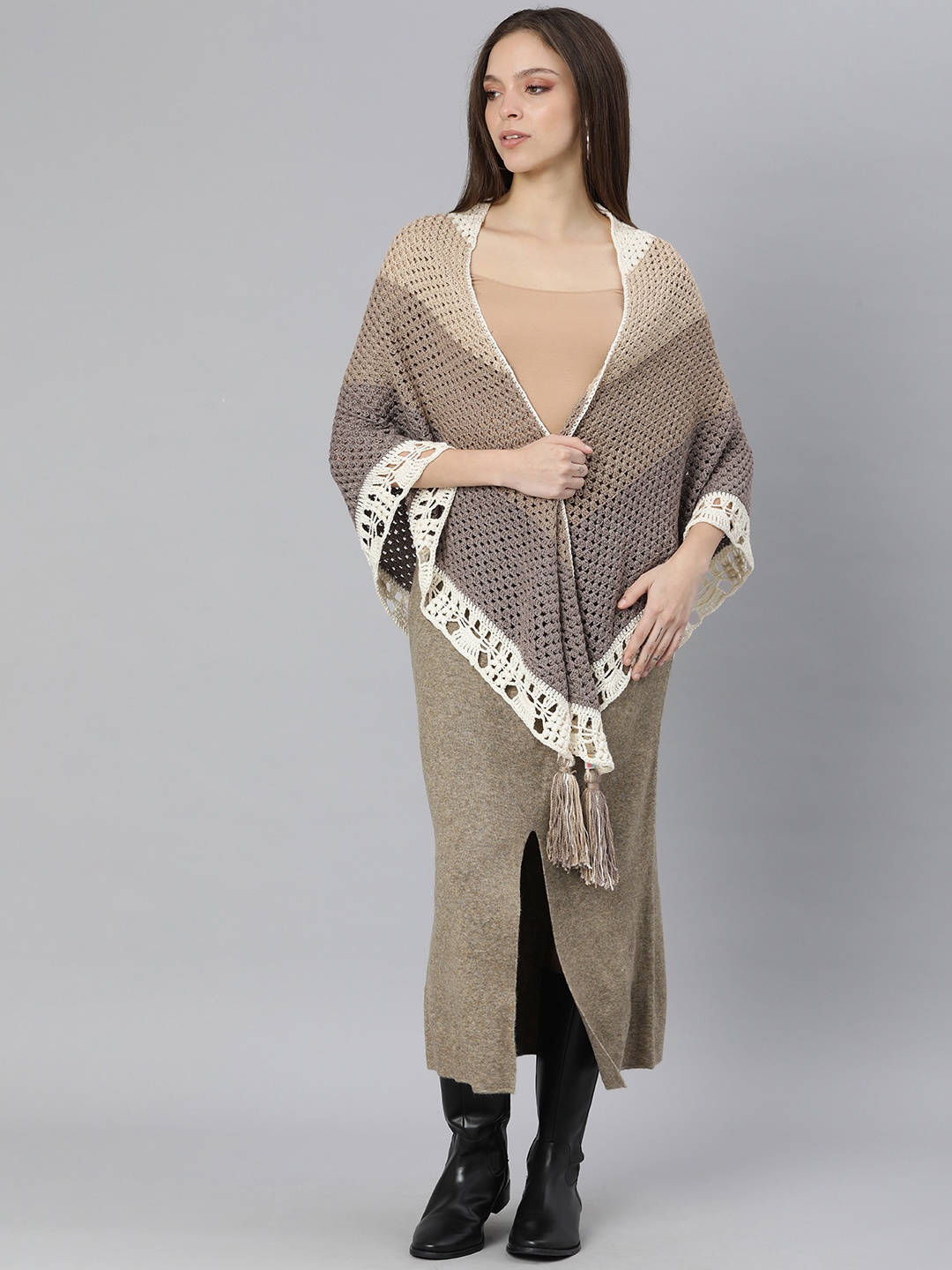 

Magic Needles Women Brown & Beige Colourblocked Front-Open Poncho Style Sweater