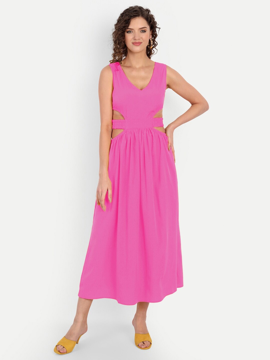 

MINGLAY Pink Solid Organic Cotton Crepe Midi Dress