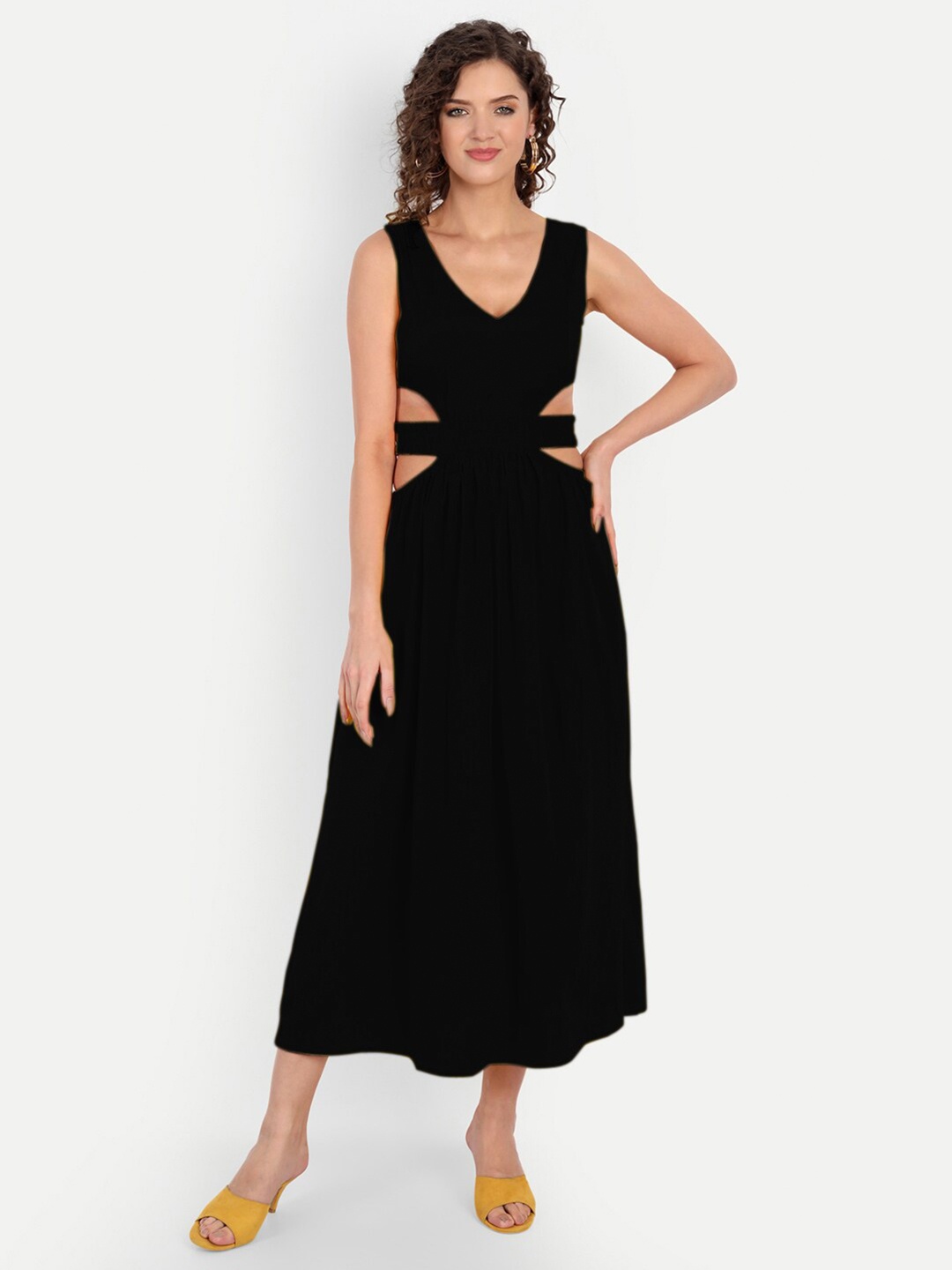 

MINGLAY Women Black Organic Cotton Crepe A-Line Midi Dress