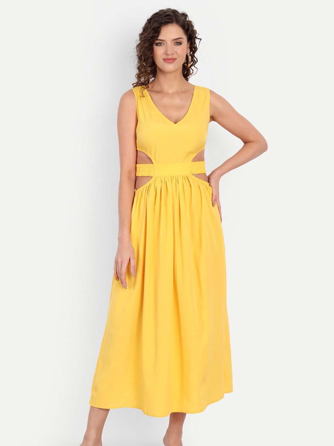 

MINGLAY Yellow Organic Cotton Crepe Flared Midi Dress