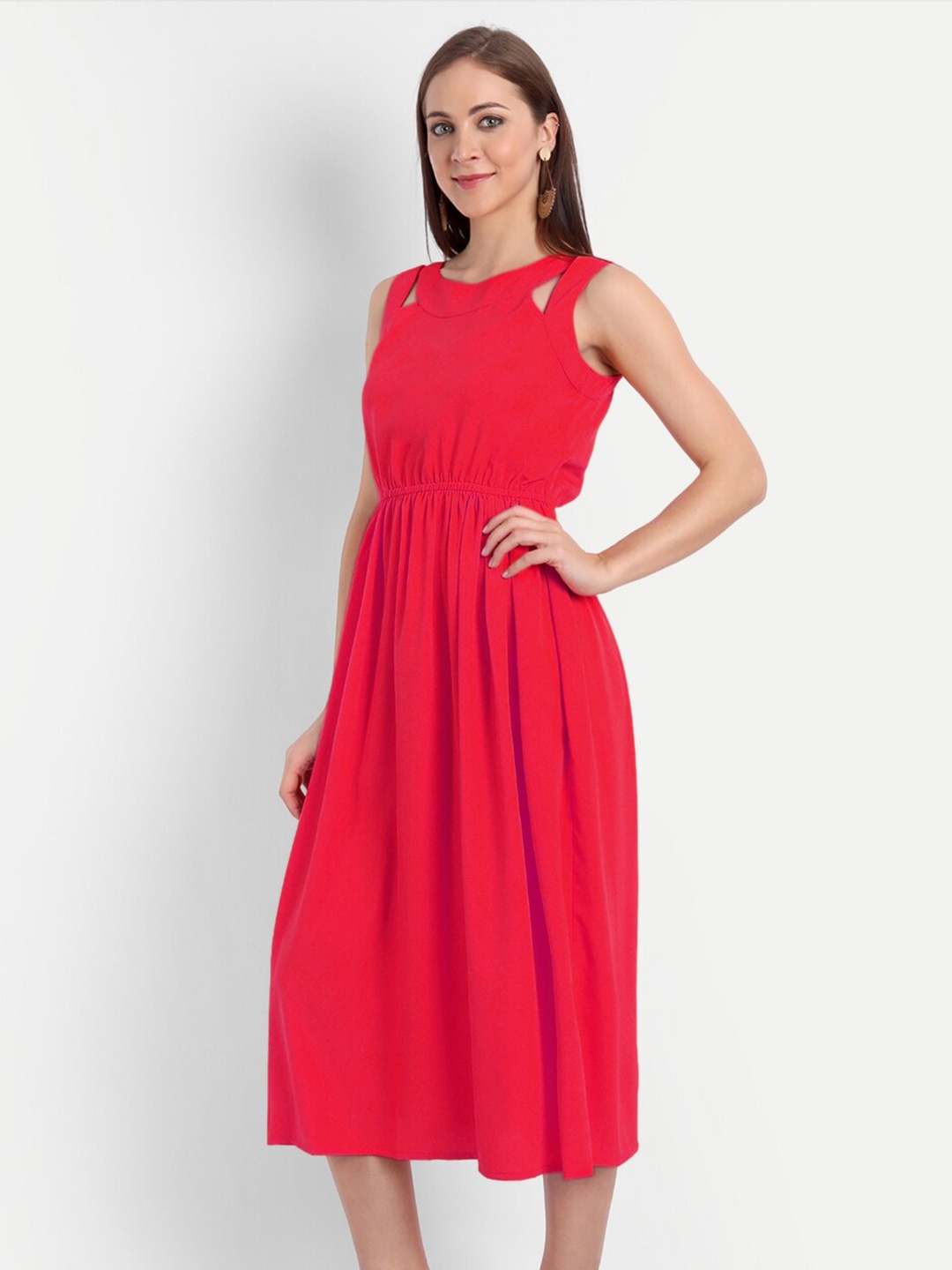 

MINGLAY Women Red Organic Cotton Crepe Sleeveless Organic Cotton A-Line Midi Dress