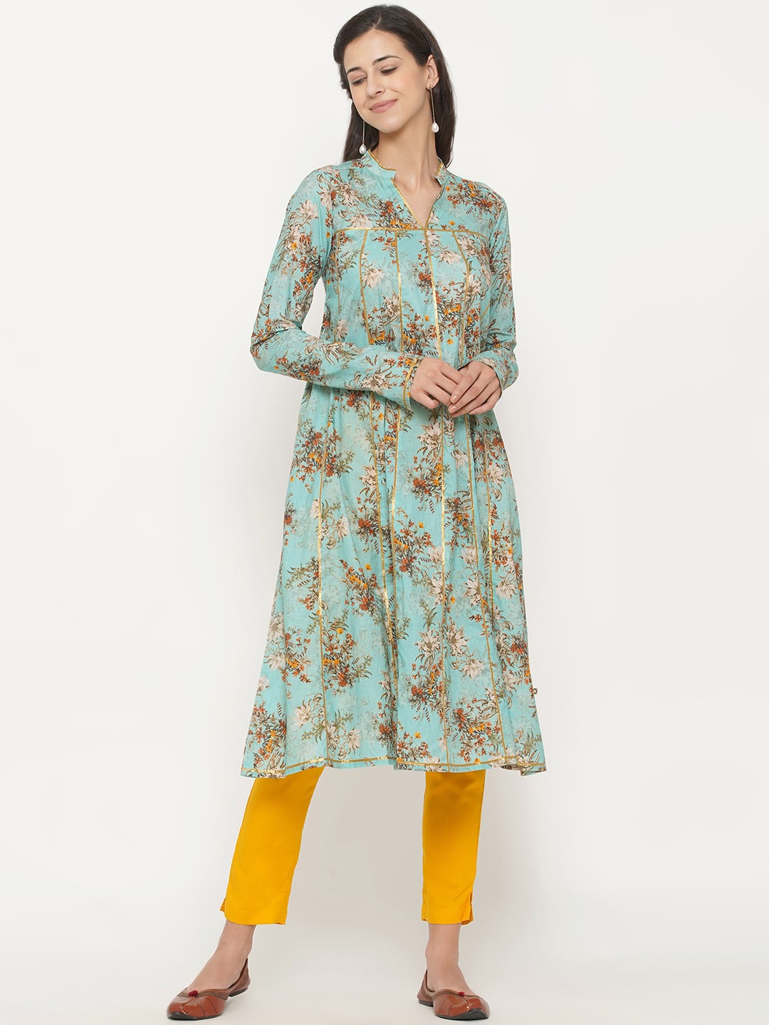 

FABNEST Women Green Floral Printed Gotta Patti Anarkali Kurta