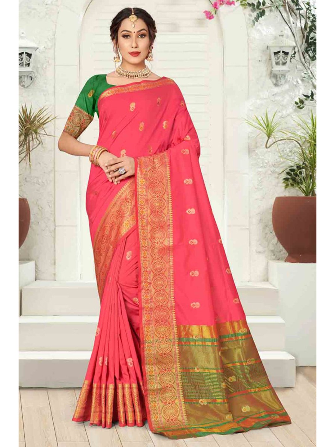 

KARAGIRI Women Pink & Gold-Toned Ethnic Motifs Zari Saree